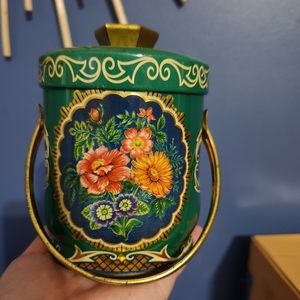 Murray Allen English Tin Cannister Handle Summer Flower Floral Lid Shabby Vtg